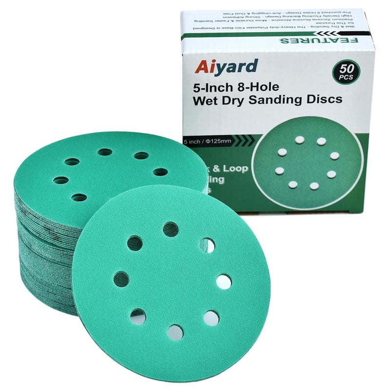 Aiyard 5-Inch 8-Hole Wet Dry Sanding Discs 180 Grit, Polyester Film Backed Heavy-Duty Hook and Loop Sandpaper for Random Orbital Sander, 50-Pack - Image 1